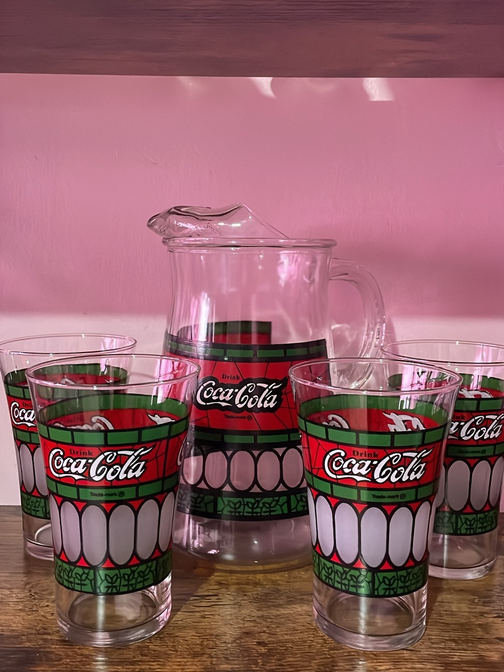 Coca Cola Red & Green Glass Pitcher and Glasses Set